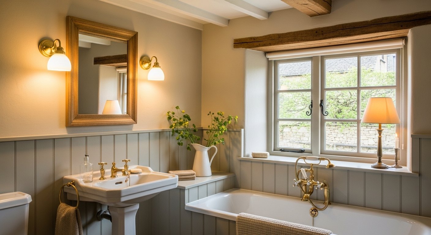 A Cottage Bathroom With a Roll-Top and Brass